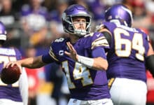 MINNEAPOLIS, MINNESOTA - SEPTEMBER 22: Quarterback Sam Darnold #14 of the Minnesota Vikings passes the ball in the second quarter of the game against the Houston Texans at U.S. Bank Stadium on September 22, 2024 in Minneapolis, Minnesota.