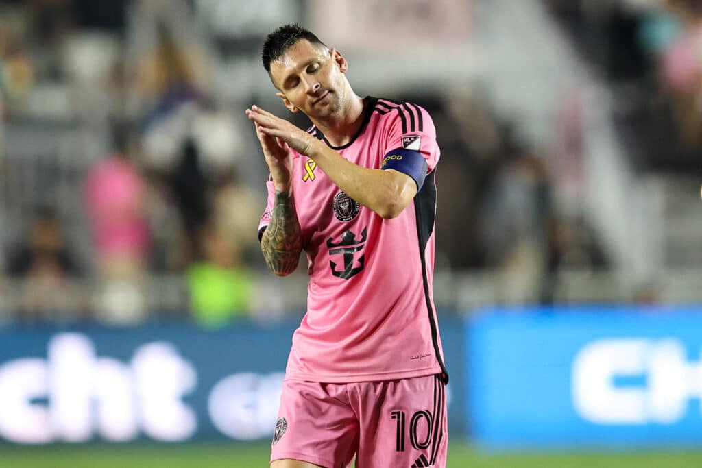 Inter Miami's Argentine forward #10 Lionel Messi celebrates his first goal during the Major League Soccer (MLS)
