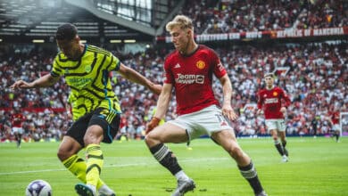 Rasmus Hojlund of Manchester United in action with William Saliba of Arsenal FC
