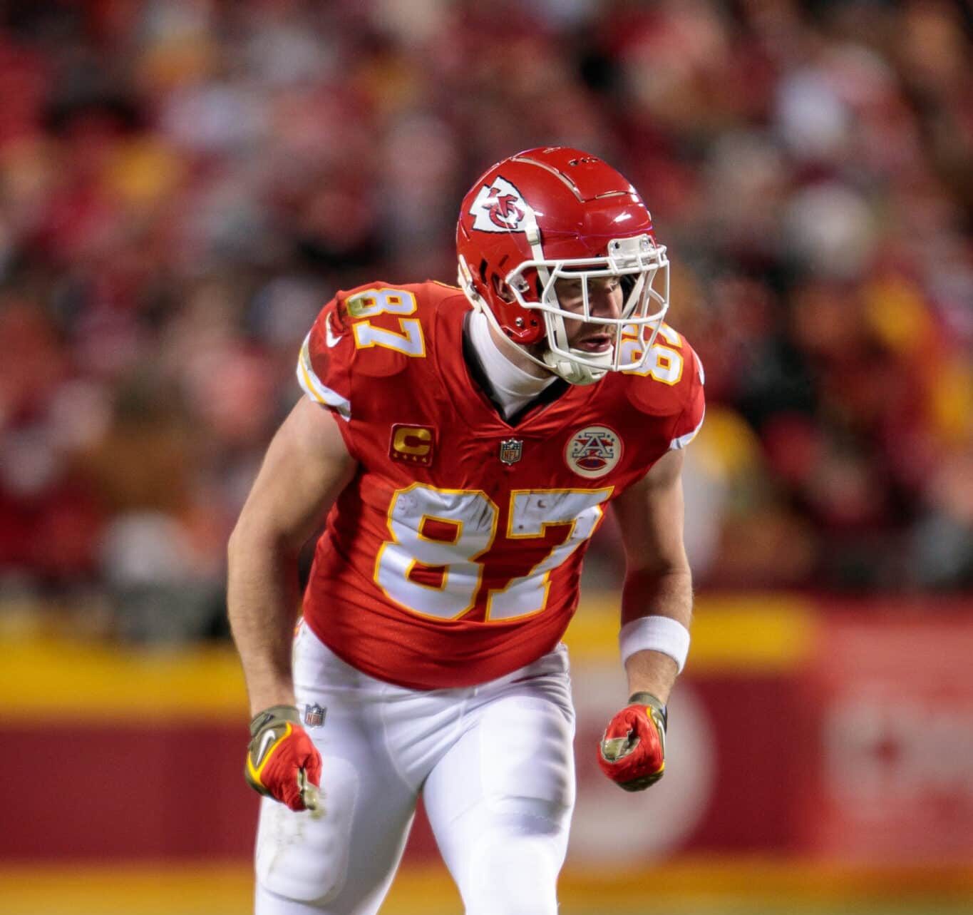 KANSAS CITY, MO - JANUARY 29: Kansas City Chiefs tight end Travis Kelce (87) readies for a play during the game against the Cincinnati Bengals on January 29th, 2023 at Arrowhead Stadium in Kansas City, Missouri.