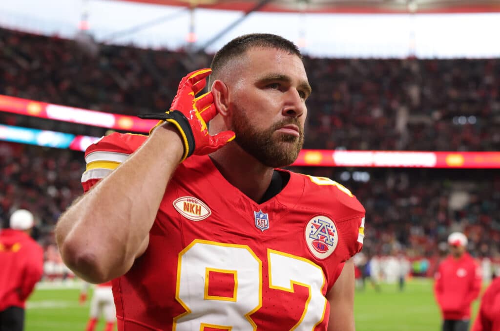 FRANKFURT AM MAIN, GERMANY - NOVEMBER 5: Travis Kelce of Kansas City Chiefs looks on ahead of the NFL match between Miami Dolphins and Kansas City Chiefs at Deutsche Bank Park on November 5, 2023 in Frankfurt am Main, Germany.