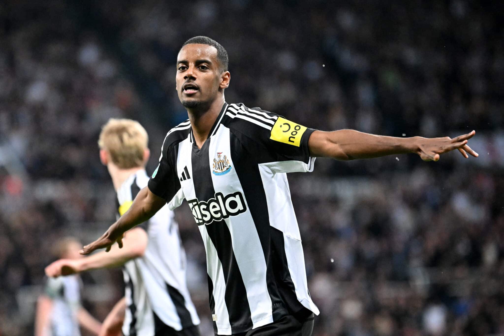 Newcastle United's Swedish striker #14 Alexander Isak celebrates scoring