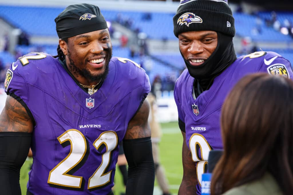 Derrick Henry #22 and Lamar Jackson #8 of the Baltimore Ravens