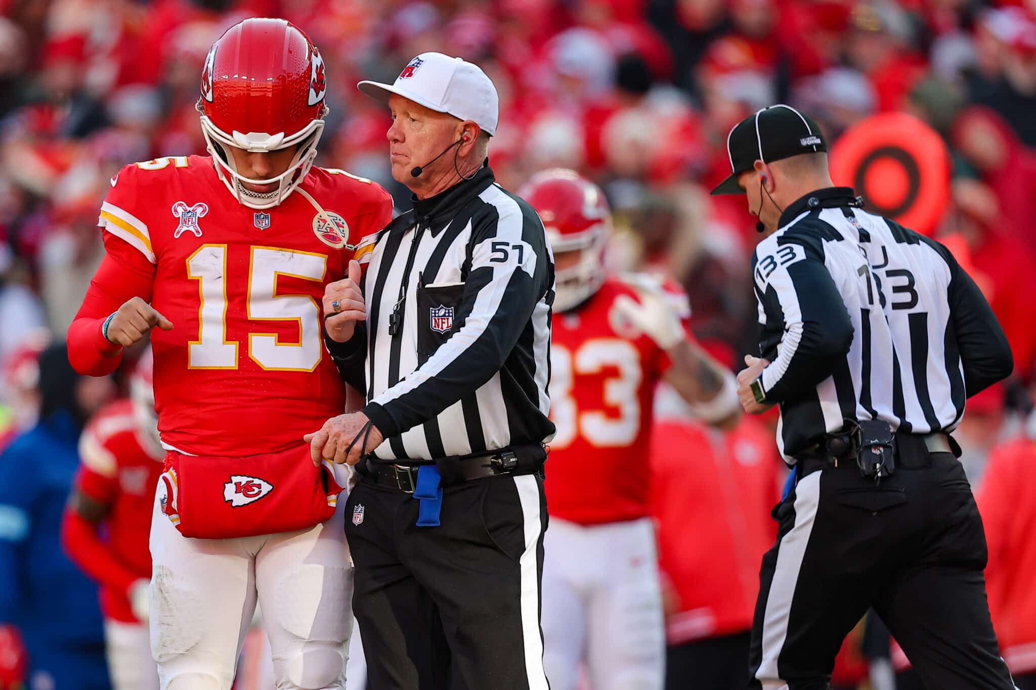 Referee Carl Cheffers speaks to Patrick Mahomes of the Kansas City Chiefs
