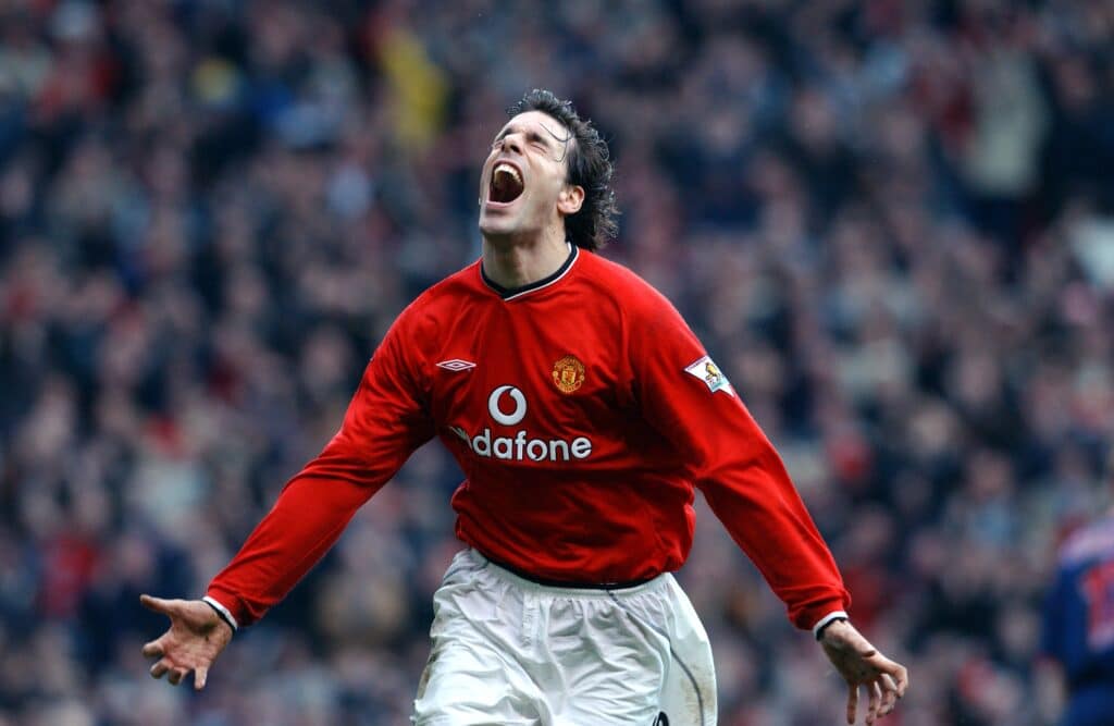 Ruud van Nistelrooy celebrates scoring United's third goal during the FA Barclaycard Premiership