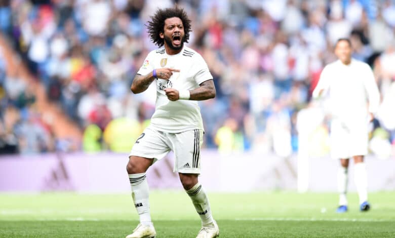 Marcelo of Real Madrid celebrates after scoring his sides first goal during the La Liga match