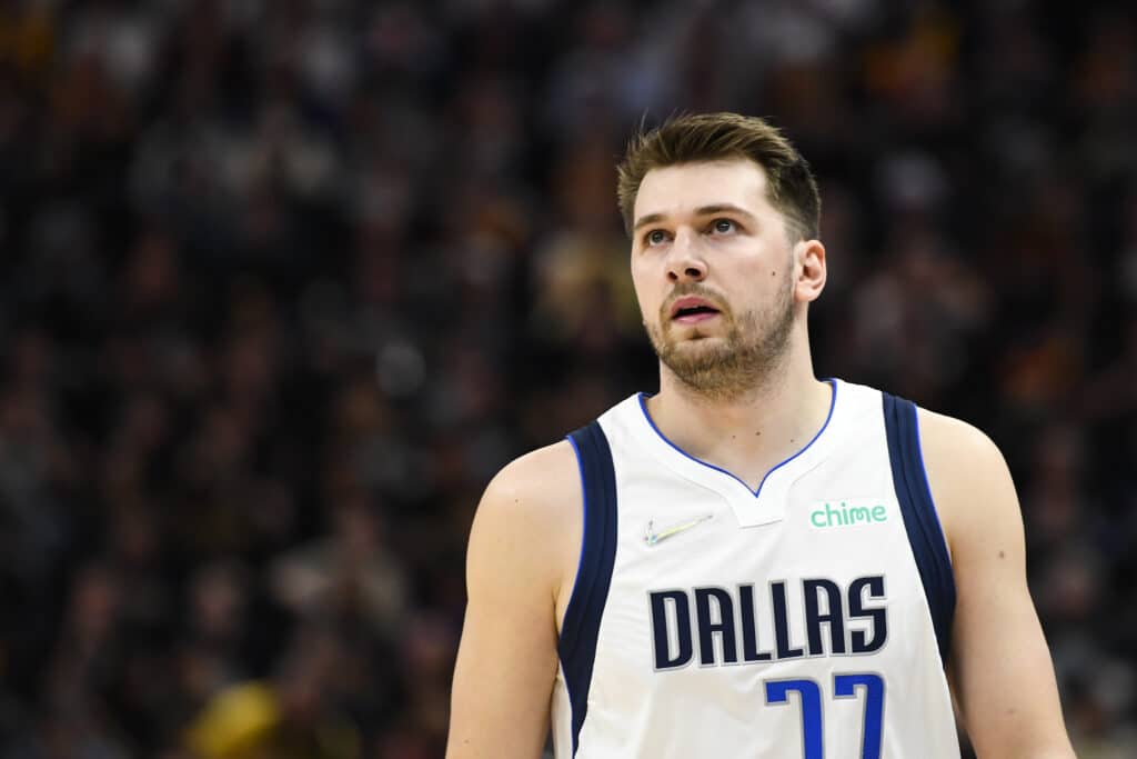 Luka Doncic #77 before his trade to the Los Angeles Lakers
