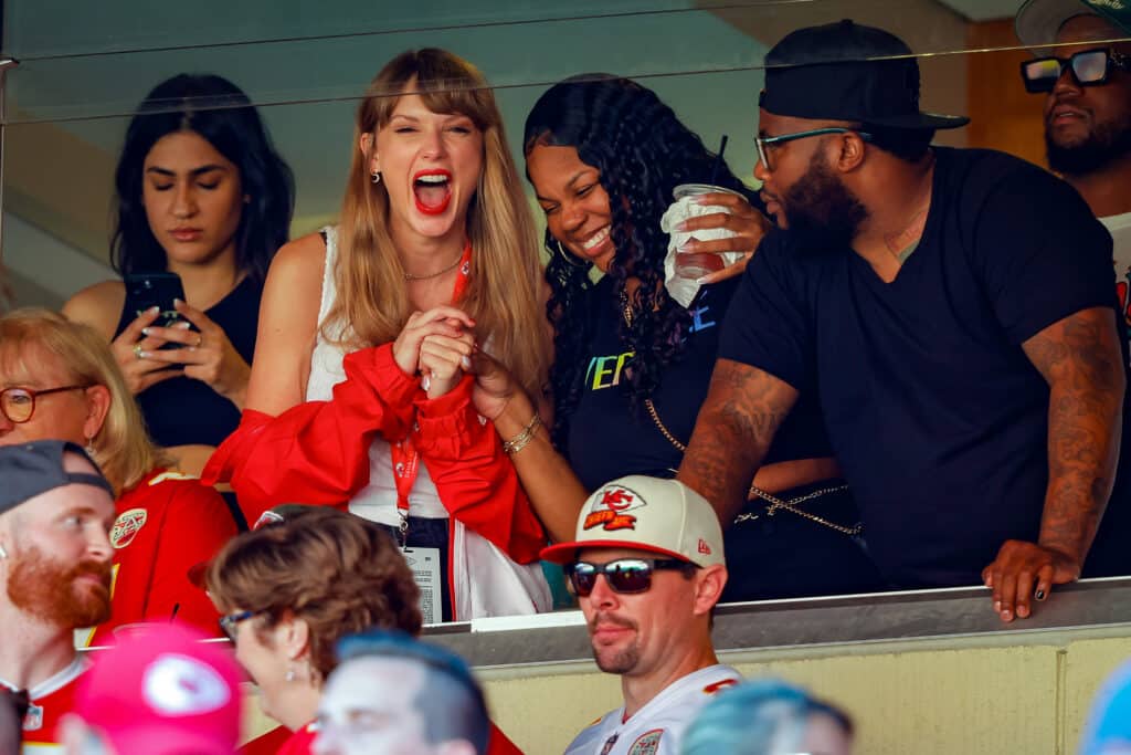 Taylor Swift watches during a regular season game between the Kansas City Chiefs and the Chicago Bears at GEHA Field at Arrowhead Stadium.