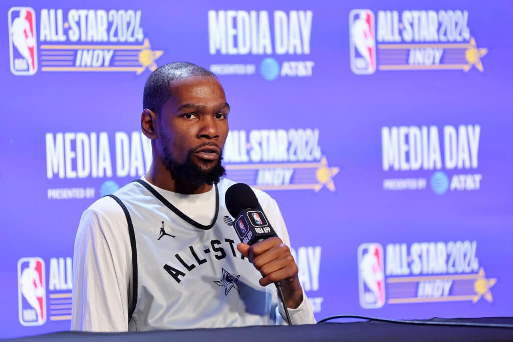 INDIANAPOLIS, INDIANA - FEBRUARY 17: Kevin Durant #35 of the Phoenix Suns speaks with the media at Gainbridge Fieldhouse on February 17, 2024 in Indianapolis, Indiana.
