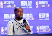 INDIANAPOLIS, INDIANA - FEBRUARY 17: Kevin Durant #35 of the Phoenix Suns speaks with the media at Gainbridge Fieldhouse on February 17, 2024 in Indianapolis, Indiana. NOTE TO USER: User expressly acknowledges and agrees that, by downloading and or using this photograph, User is consenting to the terms and conditions of the Getty Images License Agreement.