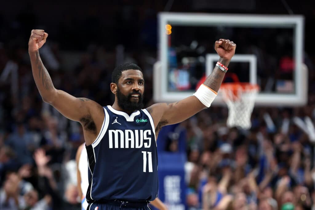 DALLAS, TEXAS - MAY 11: Kyrie Irving #11 of the Dallas Mavericks reacts during the fourth quarter against the Oklahoma City Thunder in Game Three of the Western Conference Second Round Playoffs at American Airlines Center on May 11, 2024 in Dallas, Texas. NOTE TO USER: User expressly acknowledges and agrees that, by downloading and or using this photograph, User is consenting to the terms and conditions of the Getty Images License Agreement.
