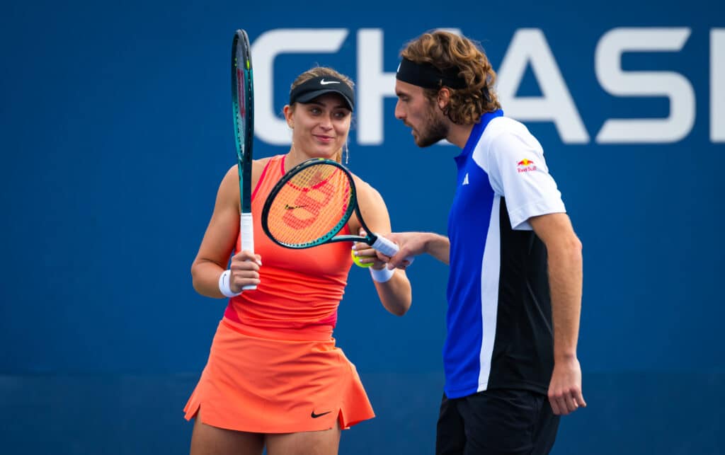 Paula Badosa of Spain and Stefano Tsitsipas of Greece in action
