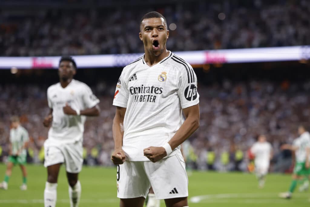Kylian Mbappe of Real Madrid celebrates after scoring a goal during the La Liga match between Real Madrid CF and Real Betis.