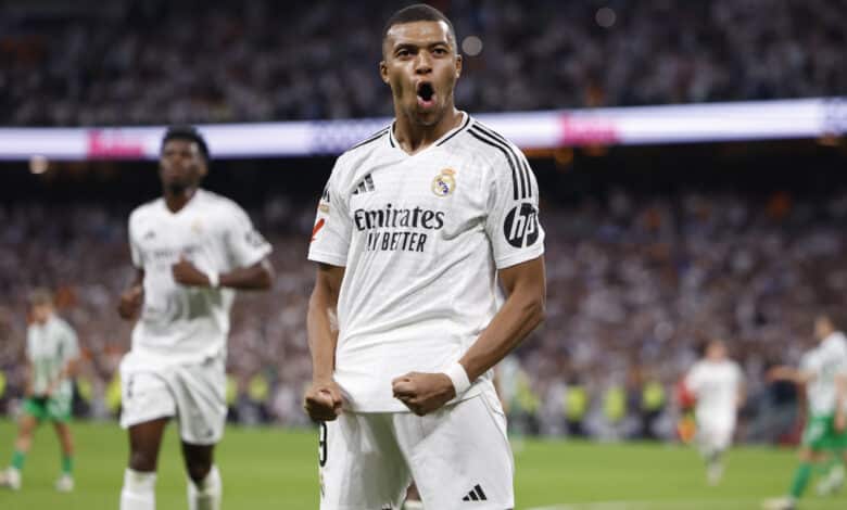 Kylian Mbappe of Real Madrid celebrates after scoring a goal during the La Liga match between Real Madrid CF and Real Betis.