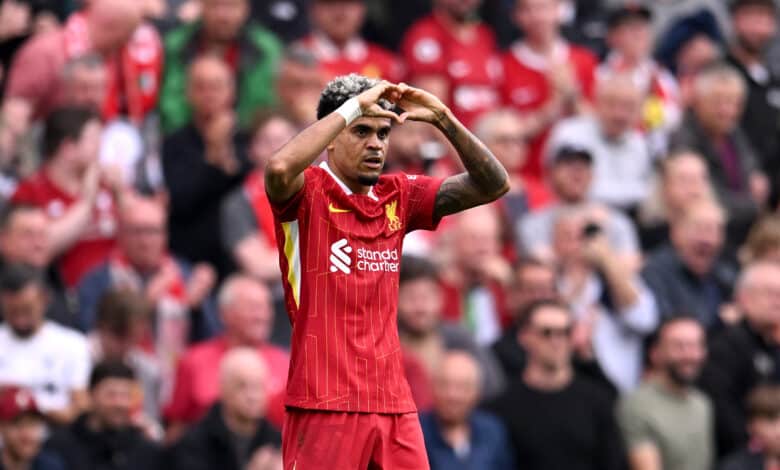 Luis Diaz of Liverpool celebrating after scoring the opening goal during the Premier League match between Liverpool FC and AFC Bournemouth