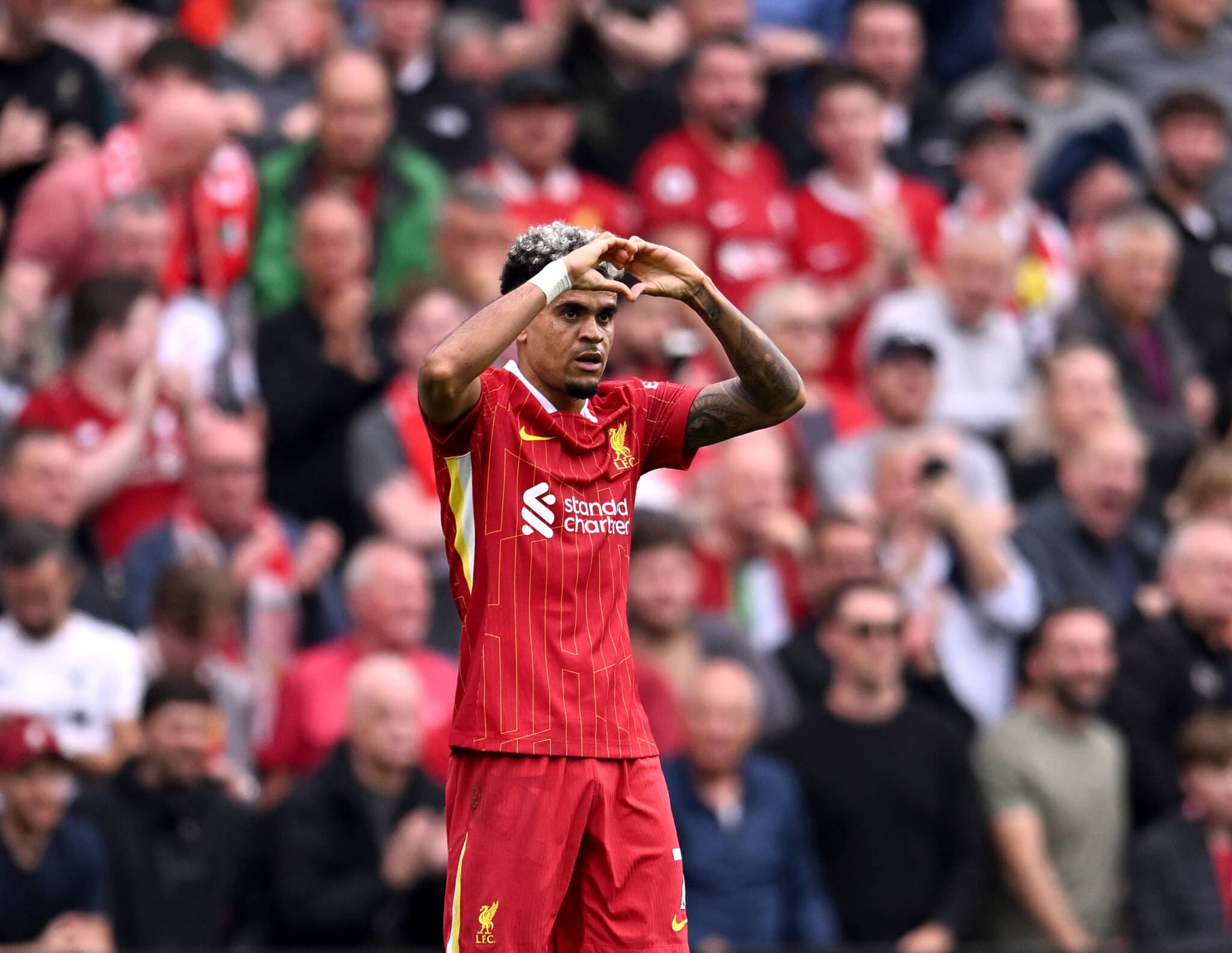 Luis Diaz of Liverpool celebrating after scoring the opening goal during the Premier League match between Liverpool FC and AFC Bournemouth