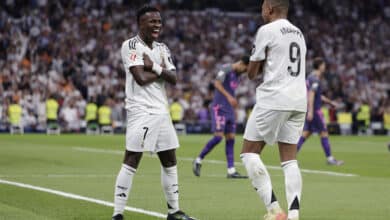 COPA DEL REY: Vinicius Junior of Real Madrid celebrates with his teammate Kylian Mbappe after scoring his team's third goal during the La Liga match