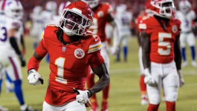 KANSAS CITY, MISSOURI - JANUARY 26: Wide receiver Xavier Worthy #1 of the Kansas City Chiefs celebrates after completing a catch during the first half of the AFC Championship game against the Buffalo Bills, at GEHA Field at Arrowhead Stadium on January 26, 2025 in Kansas City, Missouri.