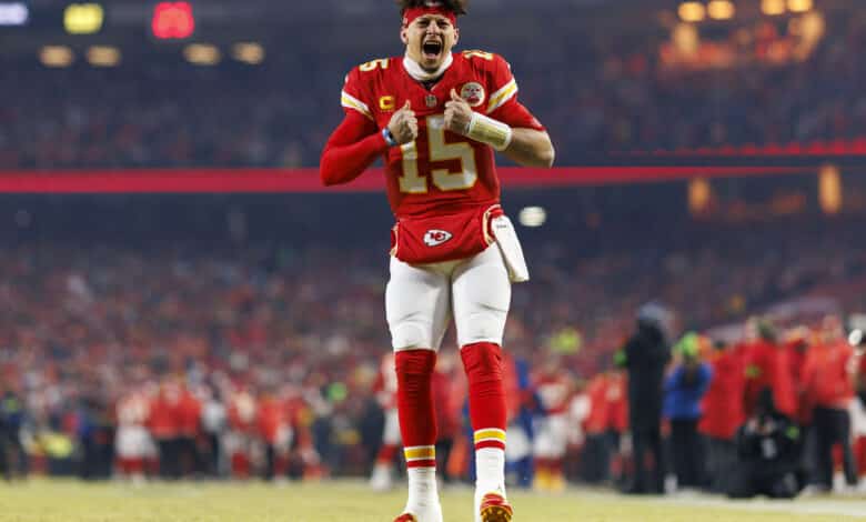 KANSAS CITY, MISSOURI - JANUARY 26: Quarterback Patrick Mahomes #15 of the Kansas City Chiefs gets hyped up prior to the AFC Championship game against the Buffalo Bills, at GEHA Field at Arrowhead Stadium on January 26, 2025 in Kansas City, Missouri.