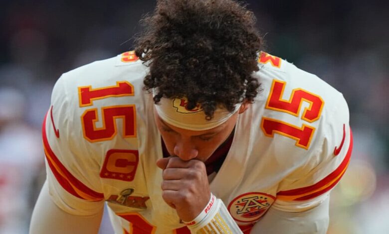 Football: Super Bowl LIX: Kansas City Chiefs Patrick Mahomes (15) in action, kneels prior to game vs Philadelphia Eagles at Caesar's Superdome. New Orleans, LA 2/9/2025 CREDIT: Erick W. Rasco