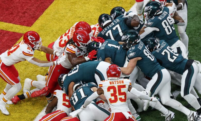 NEW ORLEANS, LA - FEBRUARY 09: QB Jalen Hurts #1 of the Philadelphia Eagles gets a tush push for a touchdown during Super Bowl LIX between the Kansas City Chiefs and the Philadelphia Eagles on Sunday February 9, 2025 at the Caesars Superdome in New Orleans, LA.