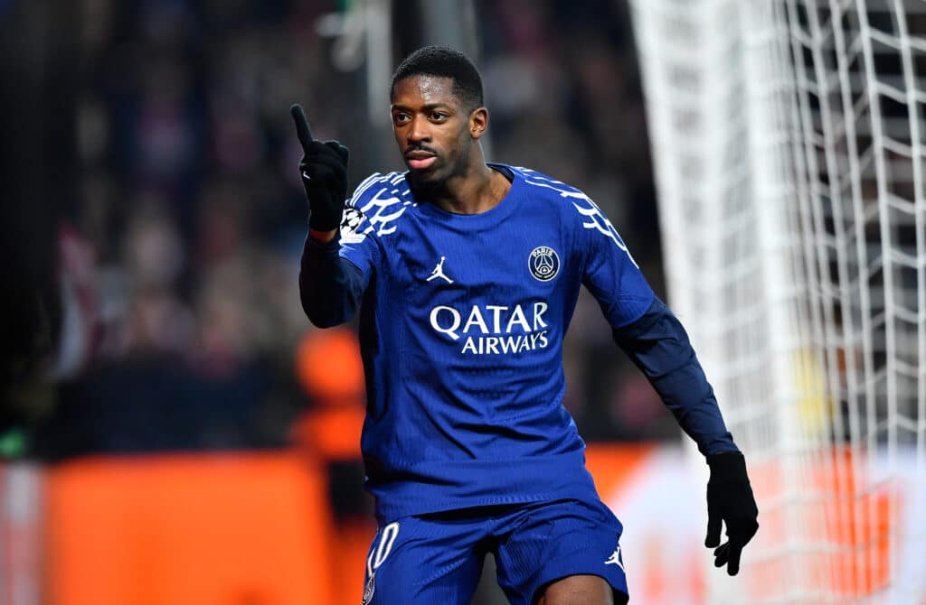 Ousmane Dembele of Paris Saint-Germain celebrates scoring his team's third goal during the UEFA Champions League 2024/25