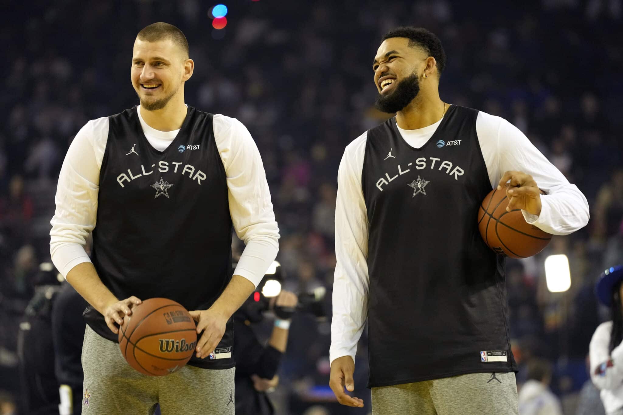 Nikola Jokic #15 of the Denver Nuggets and Chuck's Global Stars and Karl-Anthony Towns #32 of the New York Knicks and Chuck's Global Stars talk during 2025 NBA All-Star Practice & Media Availability at Oakland Arena on February 15, 2025 in Oakland, California. NOTE TO USER: User expressly acknowledges and agrees that, by