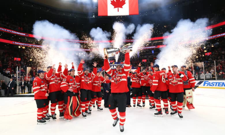 Sidney Crosby #87 of Team Canada celebrates with his teammates after defeating Team United States in overtime to win the NHL 4 Nations Face-Off Championship