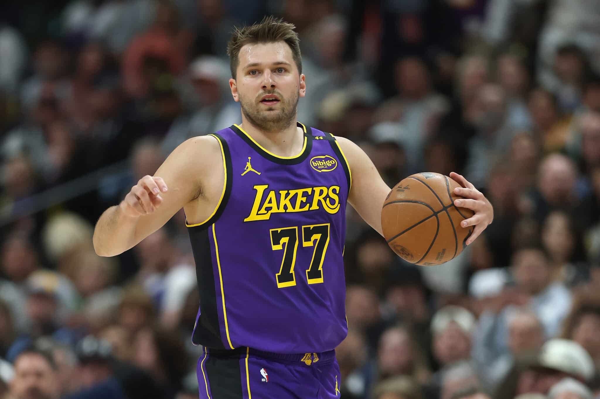 DENVER, COLORADO - FEBRUARY 22: Luka Doncic #77 of the Los Angeles Lakers plays the Denver Nuggets in the first quarter at Ball Arena on February 22, 2025 in Denver, Colorado. NOTE TO USER: User expressly acknowledges and agrees that, by downloading and or using this photograph, User is consenting to the terms and conditions of the Getty Images License Agreement.
