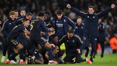 MANCHESTER, ENGLAND - APRIL 17: Antonio Ruediger celebrates with teammates Toni Kroos and Vinicius Junior of Real Madrid after scoring the sides winning penalty in the penalty shoot out during the UEFA Champions League quarter-final second leg match between Manchester City and Real Madrid CF at Etihad Stadium on April 17, 2024 in Manchester, England.