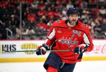 WASHINGTON, DC - NOVEMBER 02: Alex Ovechkin #8 of the Washington Capitals skates down the ice against the Columbus Blue Jackets at Capital One Arena on November 02, 2024 in Washington, DC.
