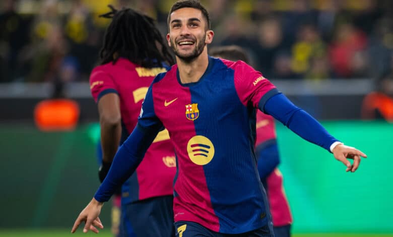 DORTMUND, GERMANY - DECEMBER 11: Ferran Torres of Barcelona celebrates after scoring his team's second goal during the UEFA Champions League 2024/25 League Phase MD6 match between Borussia Dortmund and FC Barcelona at BVB Stadion Dortmund in Dortmund, Germany on December 11, 2024.
