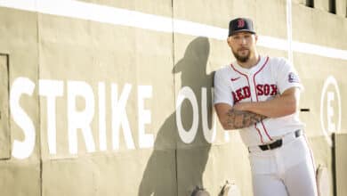 FORT MYERS, FLORIDA - FEBRUARY 18: Garrett Crochet #35 of the Boston Red Sox poses for a portrait in front of the Green Monster during 2025 Boston Red Sox Spring Training at JetBlue Park at Fenway South in Fort Myers, Florida on February 18, 2025.