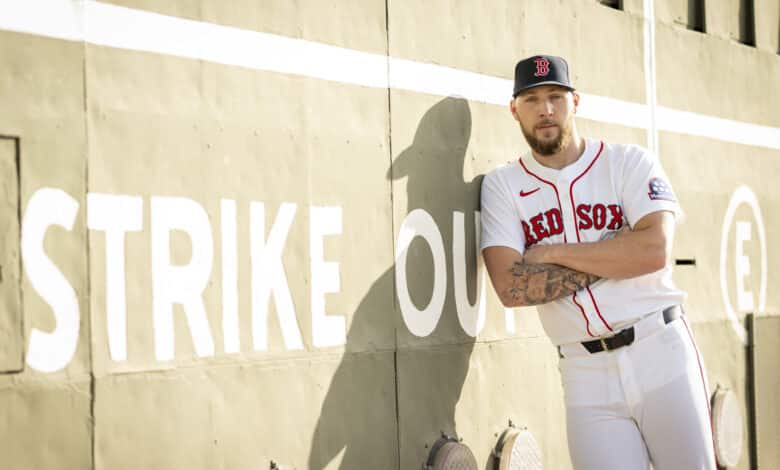 FORT MYERS, FLORIDA - FEBRUARY 18: Garrett Crochet #35 of the Boston Red Sox poses for a portrait in front of the Green Monster during 2025 Boston Red Sox Spring Training at JetBlue Park at Fenway South in Fort Myers, Florida on February 18, 2025.