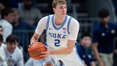 CHARLOTTE, NORTH CAROLINA - MARCH 13: Cooper Flagg #2 of the Duke Blue Devils plays against the Georgia Tech Yellow Jackets during the quarterfinal round of the ACC men's basketball tournament at Spectrum Center on March 13, 2025 in Charlotte, North Carolina.