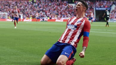 Fernando Torres of Atletico de Madrid celebrates scoring his team's first goal during the La Liga match between Atletico Madrid and Eibar