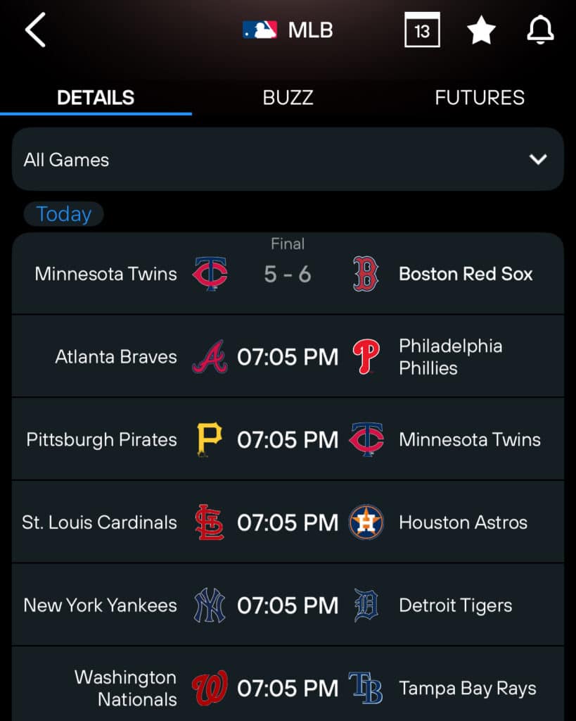 365Scores app MLB deatils screen
