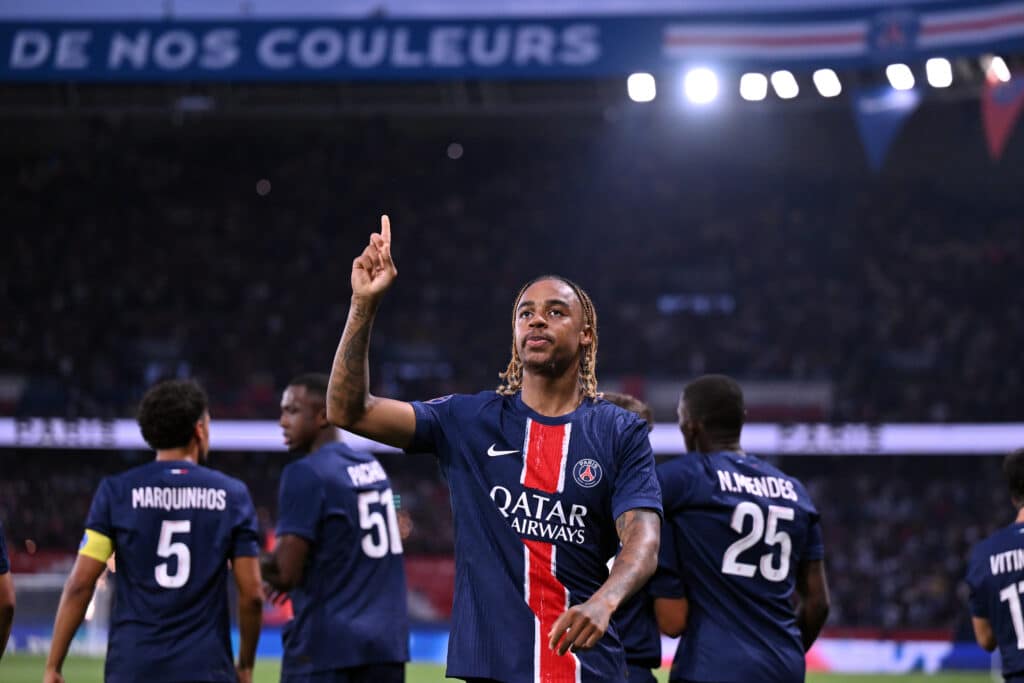 Bradley Barcola of Paris Saint-Germain reacts after scoring during the Ligue 1 match