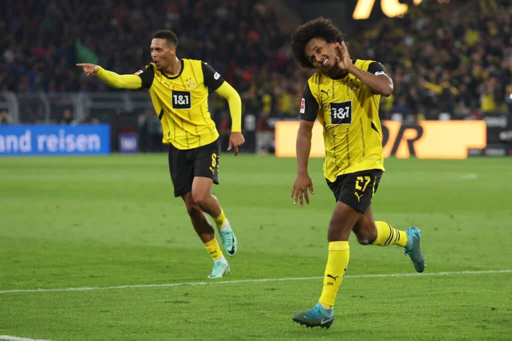 Karim Adeyemi of Dortmund scores his team's third goal during the Bundesliga match between Borussia Dortmund and FC Heidenheim