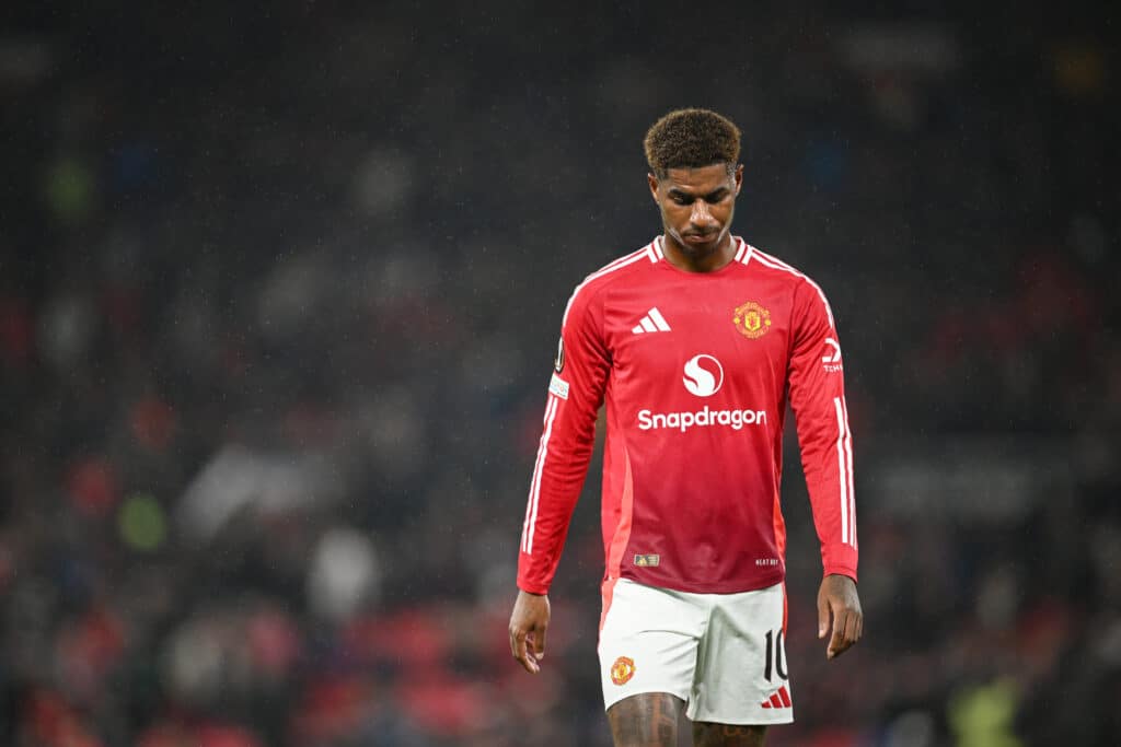 MANCHESTER, ENGLAND - SEPTEMBER 25: Marcus Rashford of Manchester United looks on during the UEFA Europa League 2024/25 League Phase MD1 match between Manchester United and FC Twente at Old Trafford on September 25, 2024 in Manchester, England.
