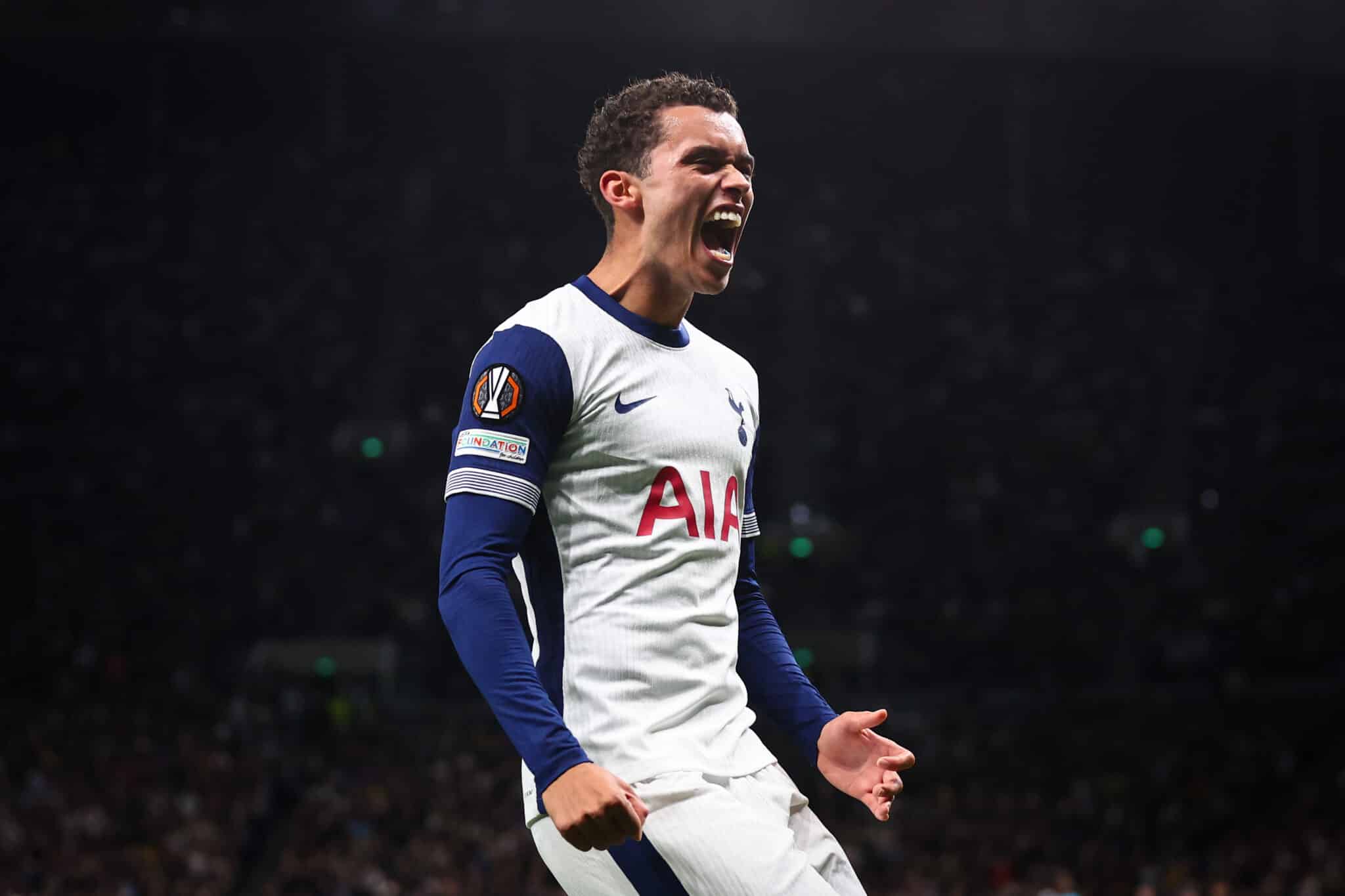Brennan Johnson of Tottenham Hotspur celebrates scoring the first goal during the UEFA Europa League 2024/25