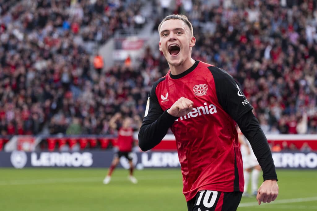 Leverkusen's Florian Wirtz celebrates after scoring to give his team a 2:1 lead.