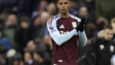 BIRMINGHAM, ENGLAND - FEBRUARY 22: Marcus Rashford of Aston Villa applauds the fans after the Premier League match between Aston Villa FC and Chelsea FC at Villa Park on February 22, 2025 in Birmingham, England.