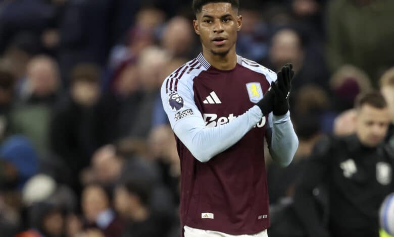 BIRMINGHAM, ENGLAND - FEBRUARY 22: Marcus Rashford of Aston Villa applauds the fans after the Premier League match between Aston Villa FC and Chelsea FC at Villa Park on February 22, 2025 in Birmingham, England.