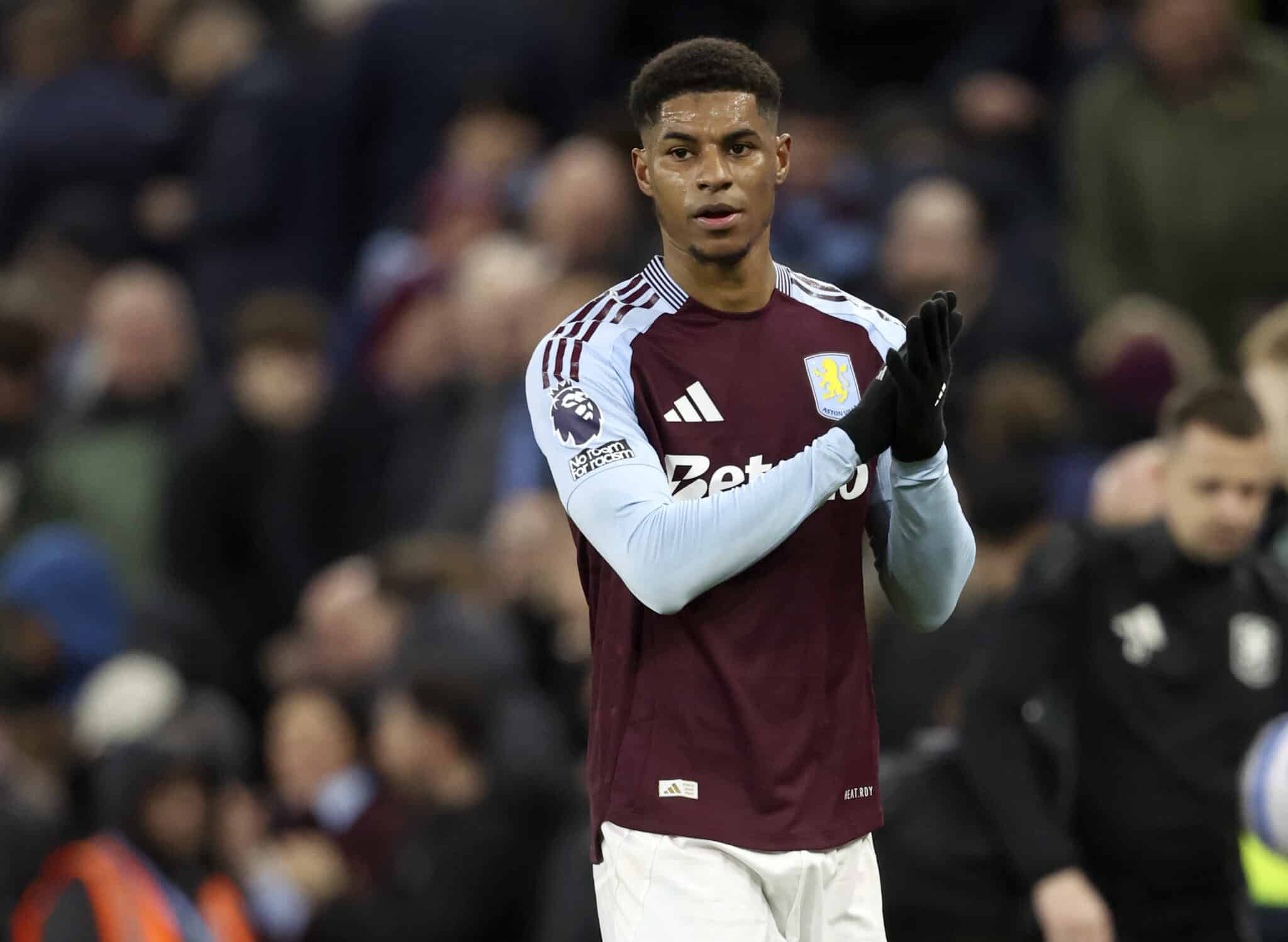 BIRMINGHAM, ENGLAND - FEBRUARY 22: Marcus Rashford of Aston Villa applauds the fans after the Premier League match between Aston Villa FC and Chelsea FC at Villa Park on February 22, 2025 in Birmingham, England.