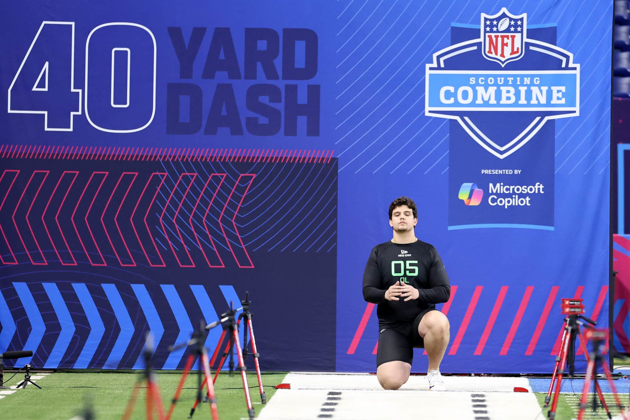 INDIANAPOLIS, INDIANA - MARCH 02: Will Campbell #OL05 of LSU participates in a drill during the NFL Scouting Combine at Lucas Oil Stadium on March 02, 2025 in Indianapolis, Indiana.