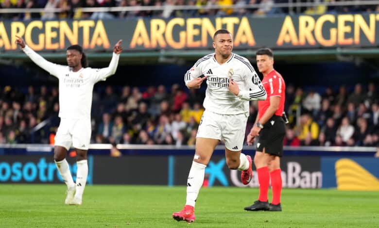 Kylian Mbappe of Real Madrid celebrates scoring his team's second goal during the LaLiga match
