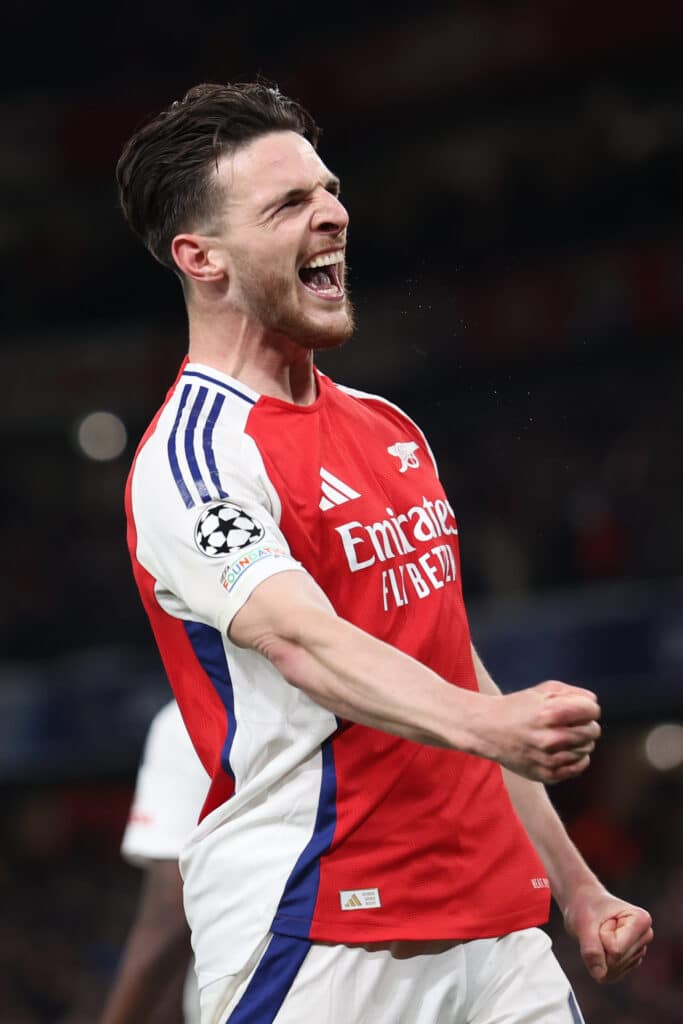 LONDON, ENGLAND - APRIL 8: Declan Rice of Arsenal celebrates after scoring a goal to make it 1-0 during the UEFA Champions League 2024/25 Quarter Final First Leg match between Arsenal FC and Real Madrid C.F. at Arsenal Stadium on April 8, 2025 in London, England.