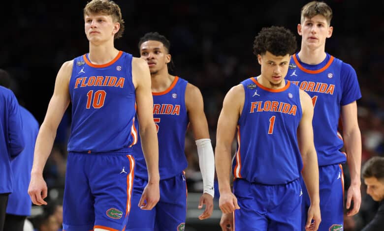 SAN ANTONIO, TEXAS - APRIL 05: Thomas Haugh #10, Will Richard #5 and Walter Clayton Jr. #1 of the Florida Gators react against the Auburn Tigers during the second half in the Final Four game of the NCAA Men's Basketball Tournament at the Alamodome on April 05, 2025 in San Antonio, Texas.