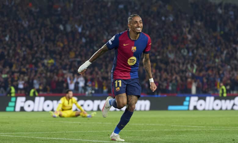Raphinha of FC Barcelona celebrates his team's fourth goal scored by Lamine Yamal during the UEFA Champions League 2024/25 Quarter Final First Leg match between FC Barcelona and Borussia Dortmund